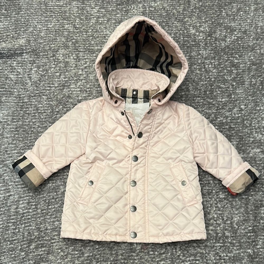 EUC Authentic Burberry pink Quilted Jacket with removable hood 18months